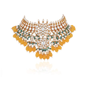 Yellow Beads And Sea Green Jadtar Necklace image 2