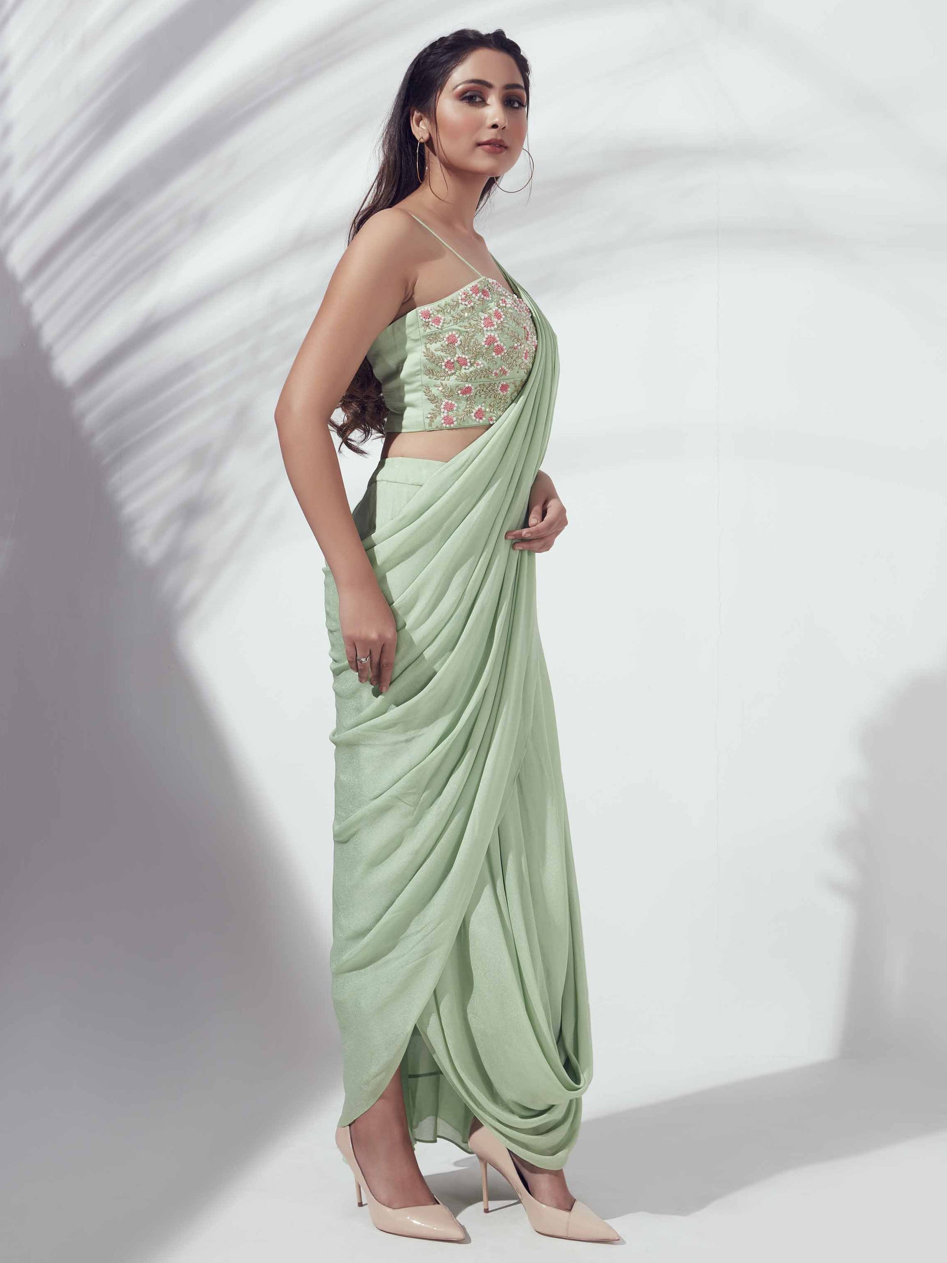 Green Skirt Saree Set image 3