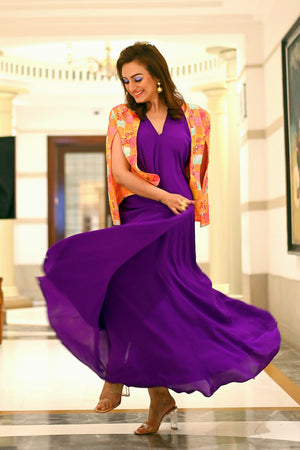 Plain Purple Chic Gown With Cape Jacket image 1