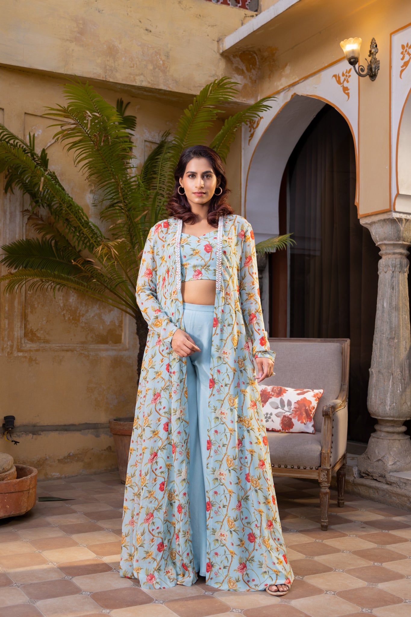 Light Blue Floral Georgette Embroidered Jacket Set image 3