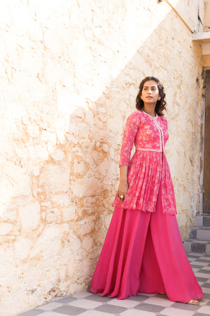 Fuchsia Pink Embroidered Jacket Peplum Set image 3