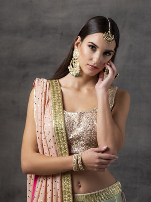 Mint Green Raw Silk Lehenga with Peach Choli image 3