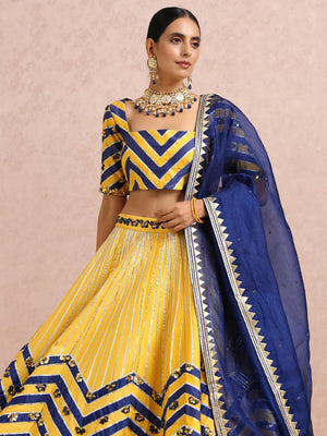 Yellow and Ink Blue Color Block Lehenga Set image 2