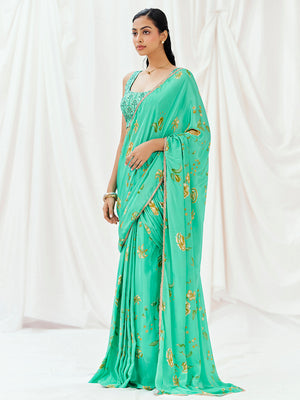 Turquoise Printed Embroidered Drape Saree Set - M image