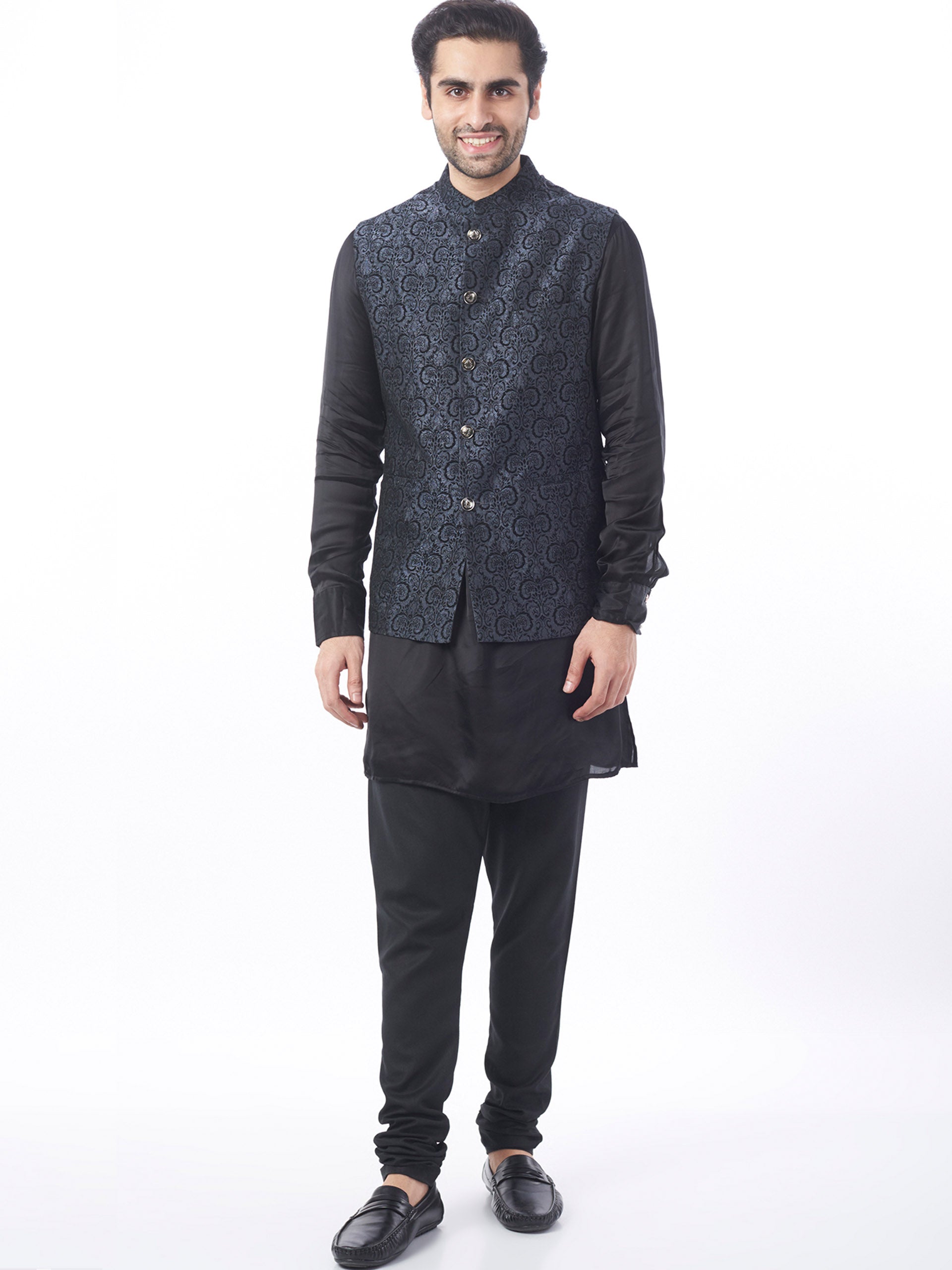 Black Gray Brocade Bundi Jacket Set - XL image