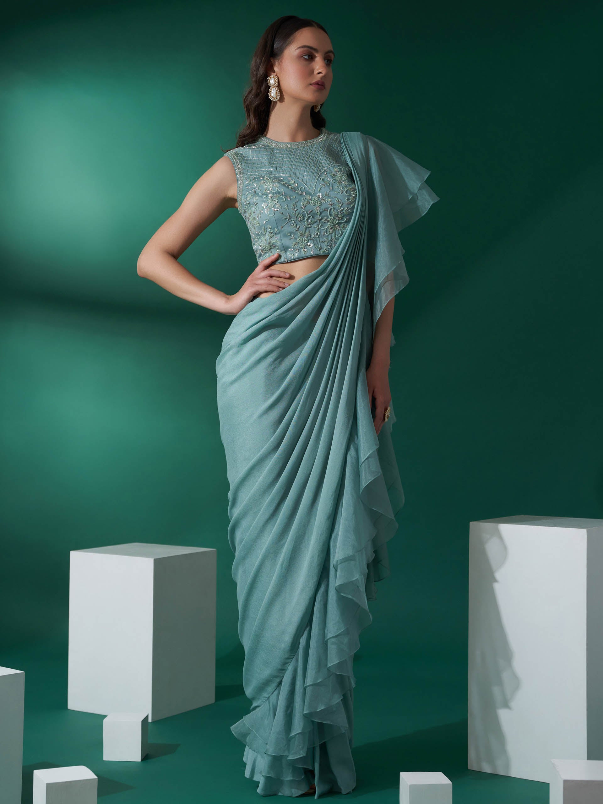 Sea Green Pre Draped Ruffle Saree Set image 4