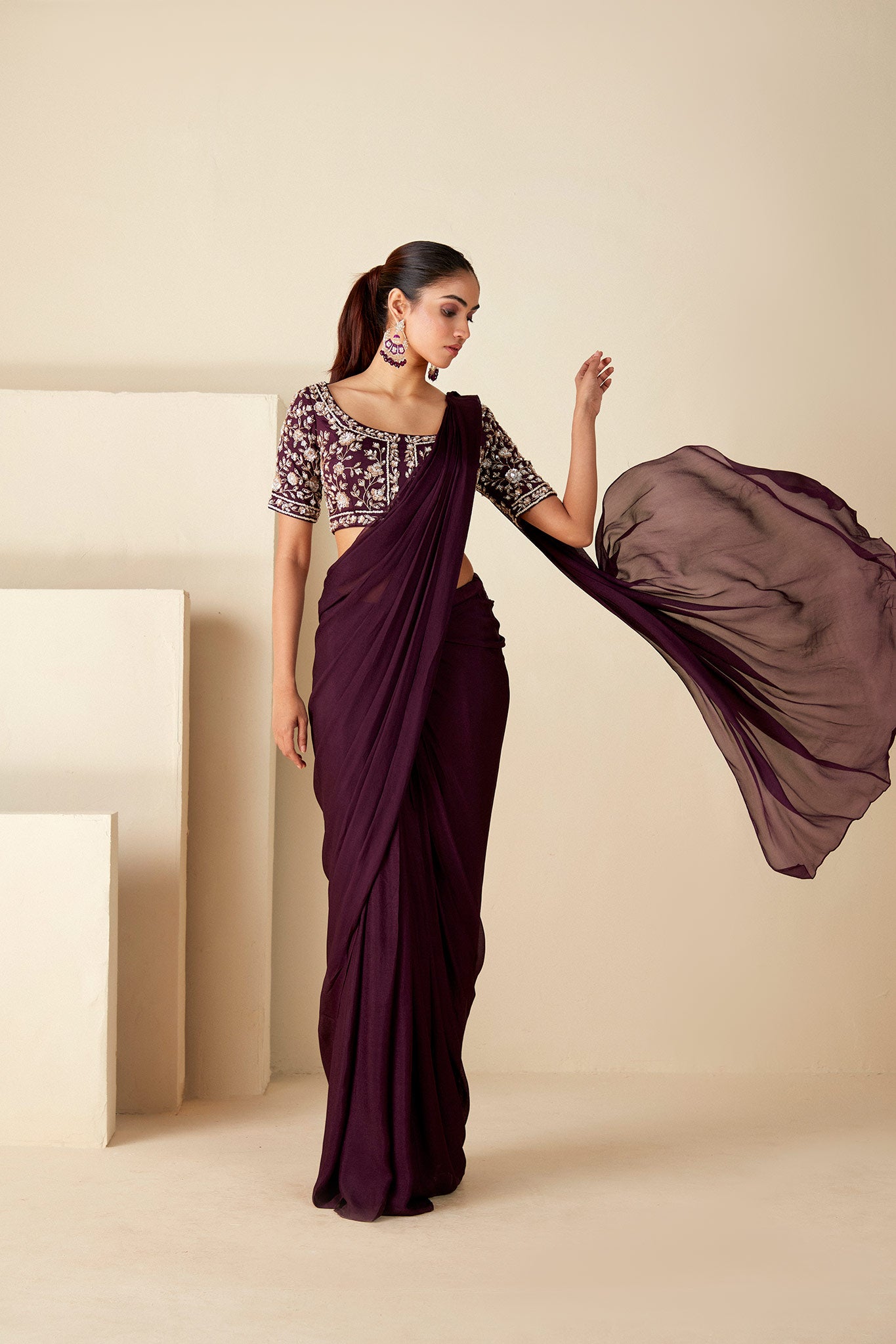 Wine Georgette Pre-Drape Saree image 5