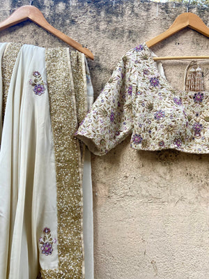 Ivory and Lavender Embroidered Saree - XL image