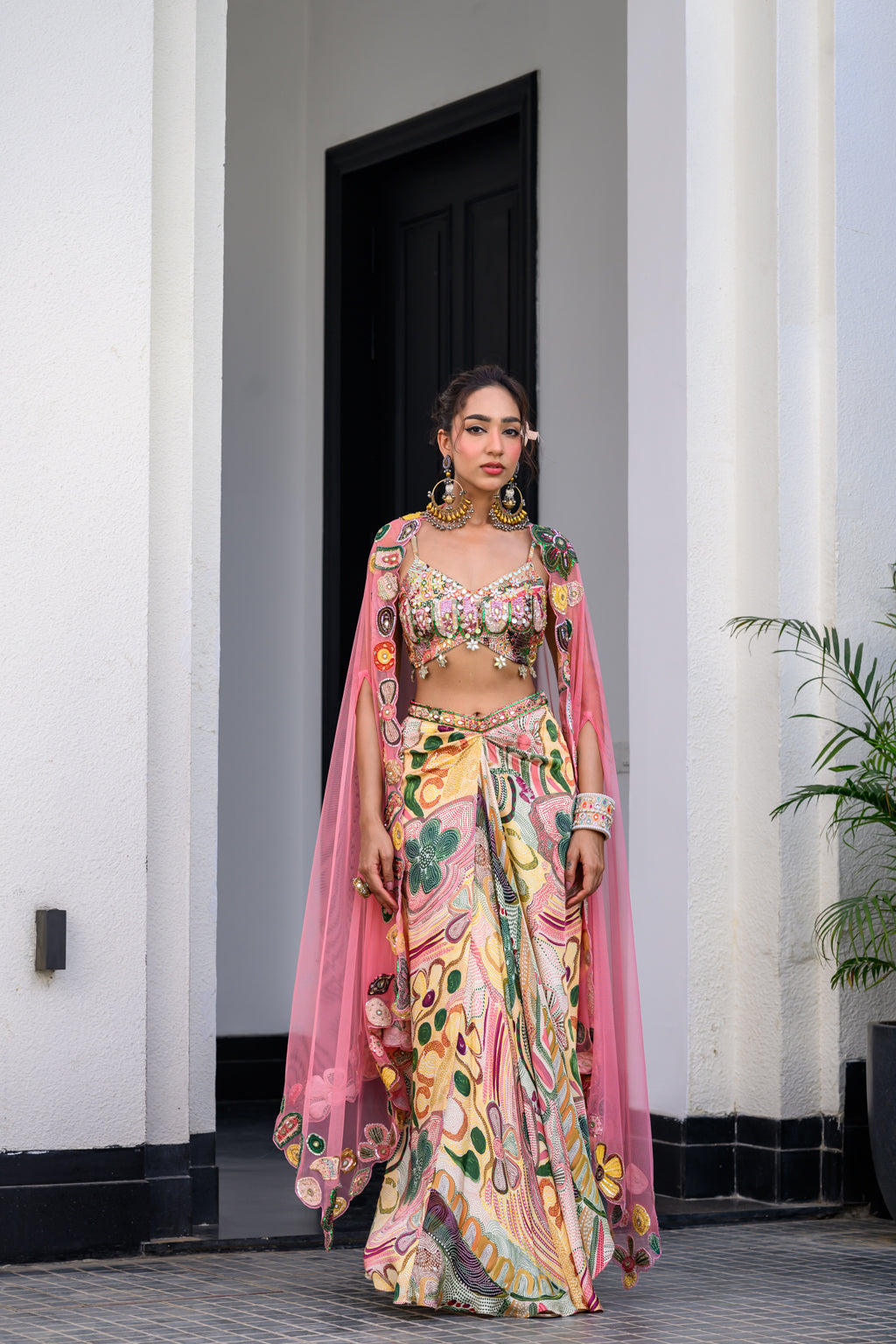 Flora Highlight Bralette Paidawn With Dhoti Skirt And Applique Cape Set image 0