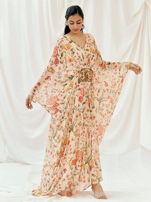 Floral White Printed Embroidered Kaftan - S image