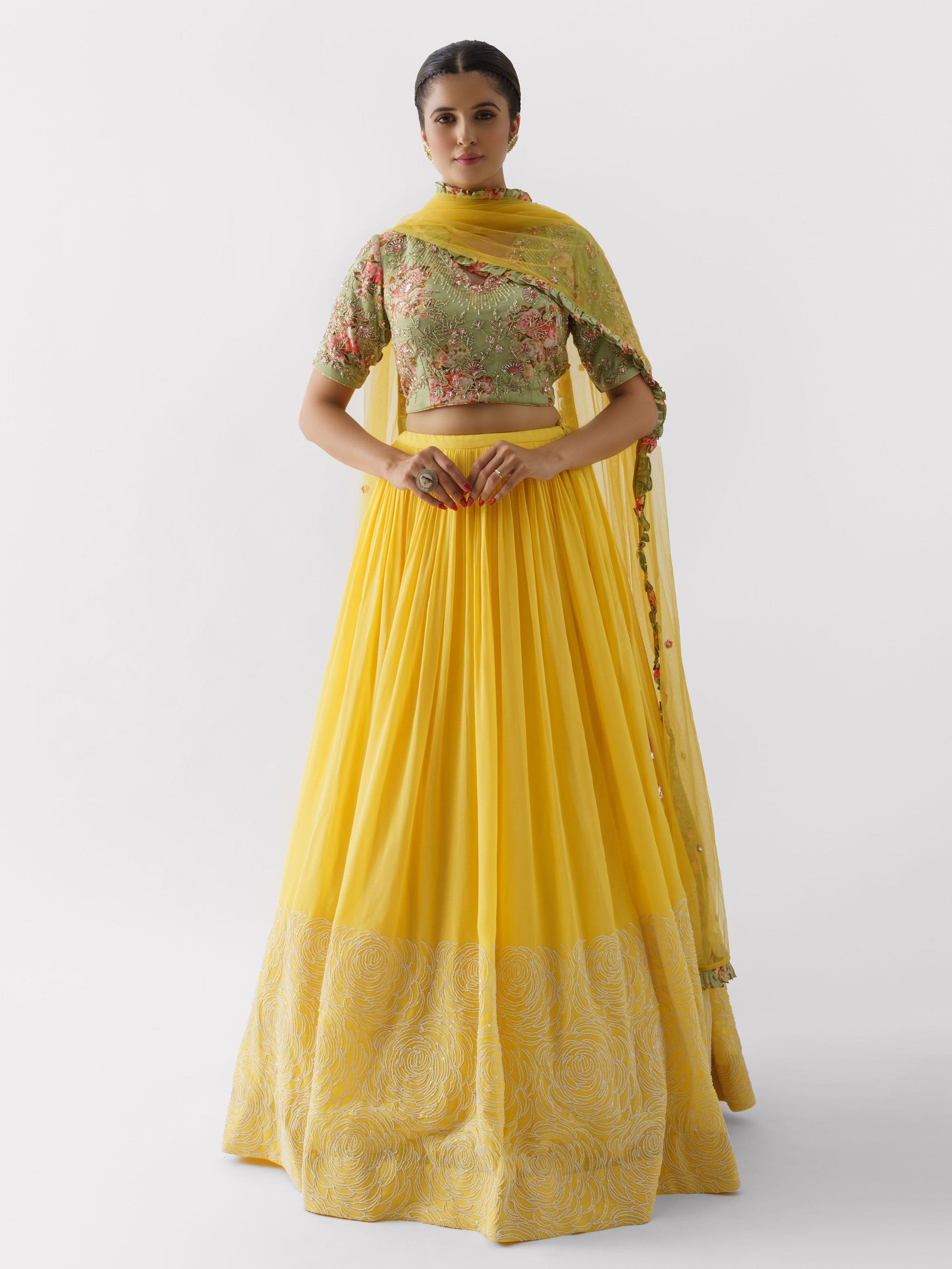 Sunflower Lehenga with Green Floral Blouse image 2