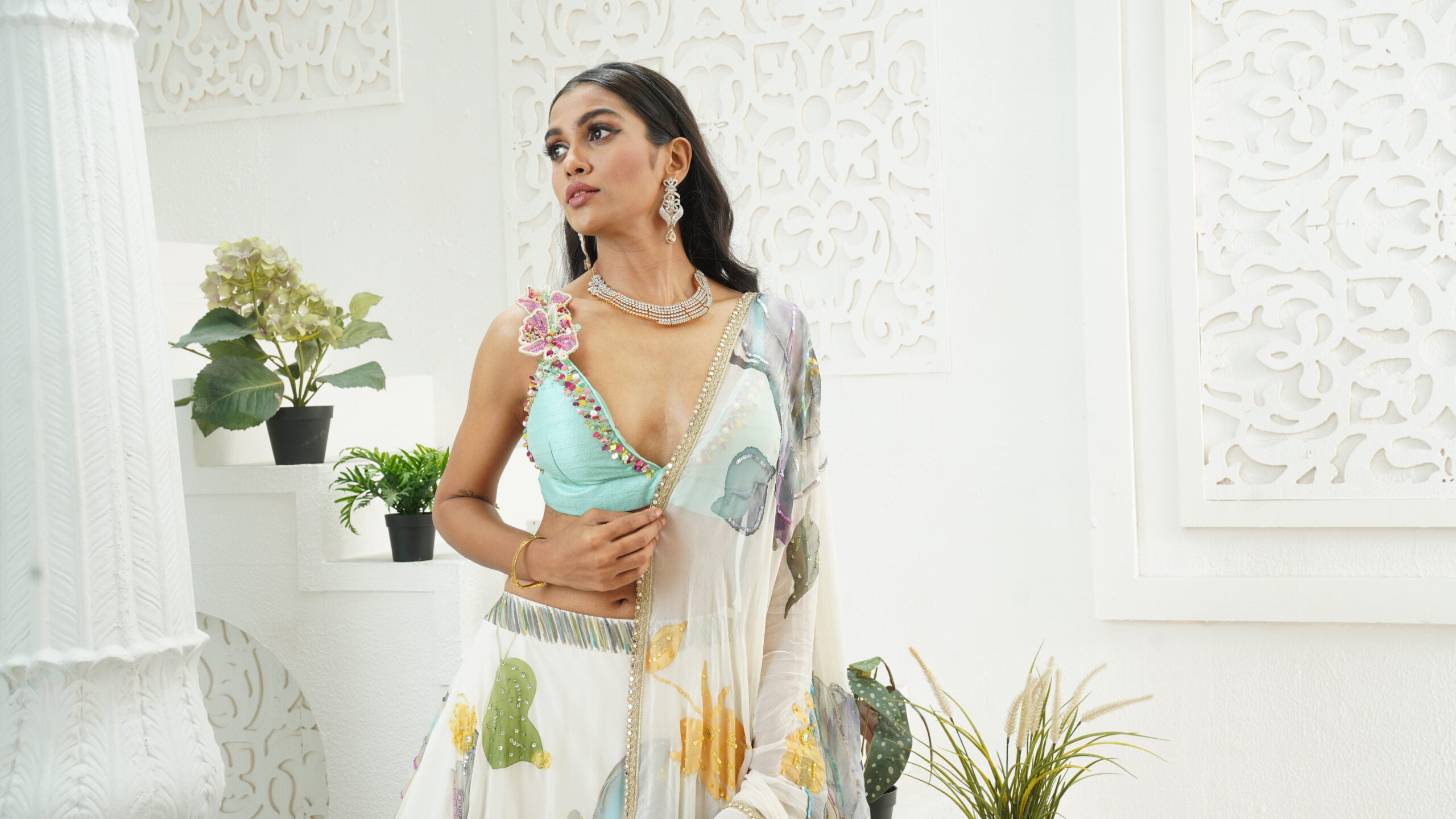 Ivory hand painted lehenga and Mint bralette blouse set image 1
