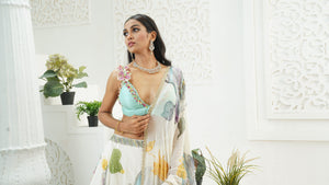 Ivory hand painted lehenga and Mint bralette blouse set image 1