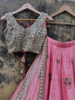 Peach and Gold Raw Silk Lehenga image 1