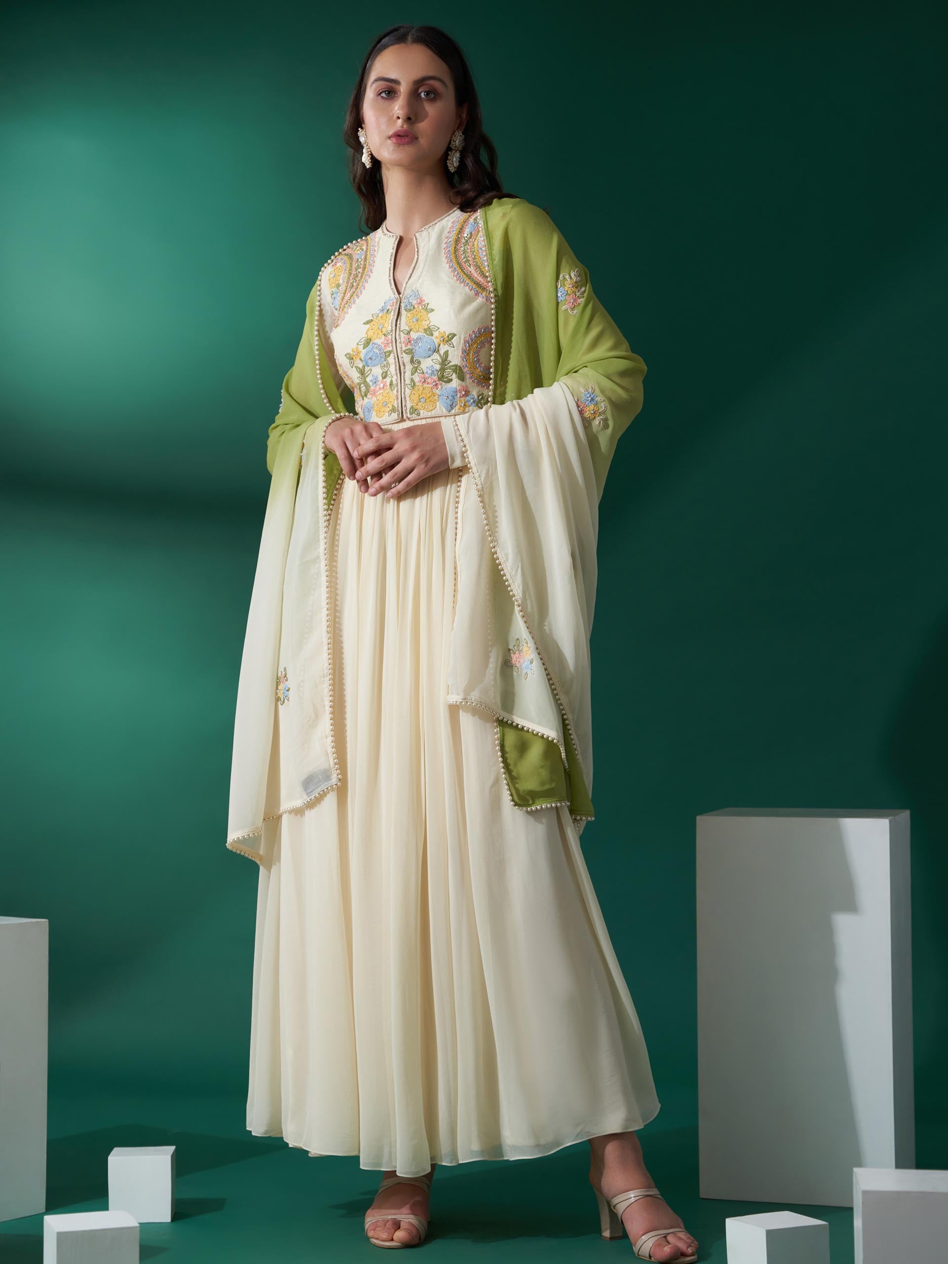 Cream Green Koti Jacket Anarkali Set - Custom image