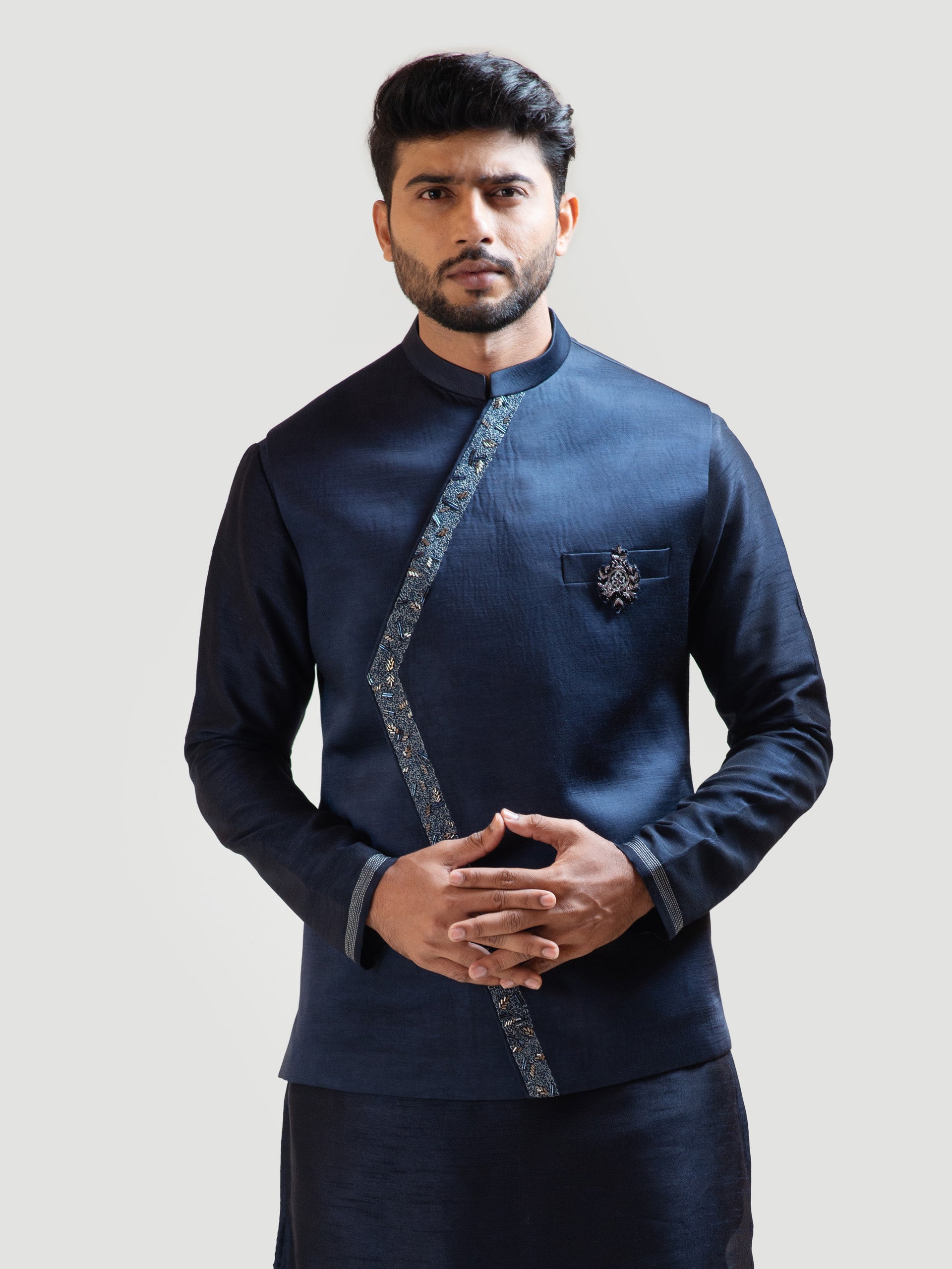 Navy Blue Overlap Nehru Jacket image 3