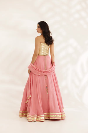 Coral Peach Crepe Lehenga With Gotta Corset image 6