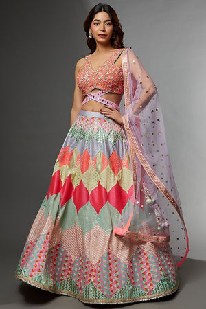 Multi Colored Woven Fabric Embroidered Lehenga Set - L image