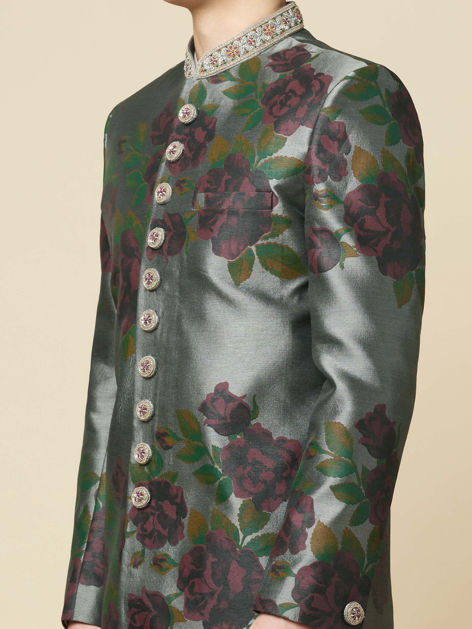 Grey Embroidered Sherwani Set image 3