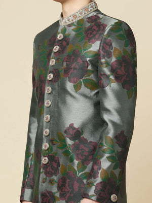 Grey Embroidered Sherwani Set image 3