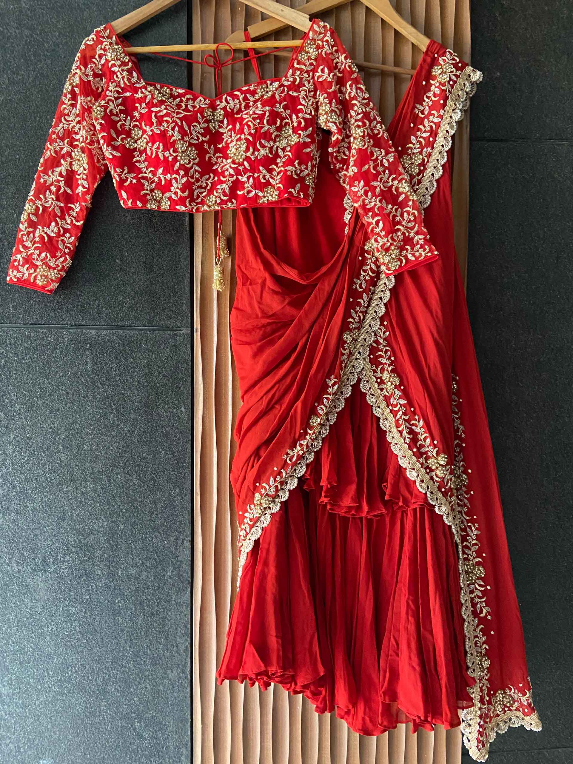 Red Ruffled Embroidered Pre-stitched Saree Set image 4