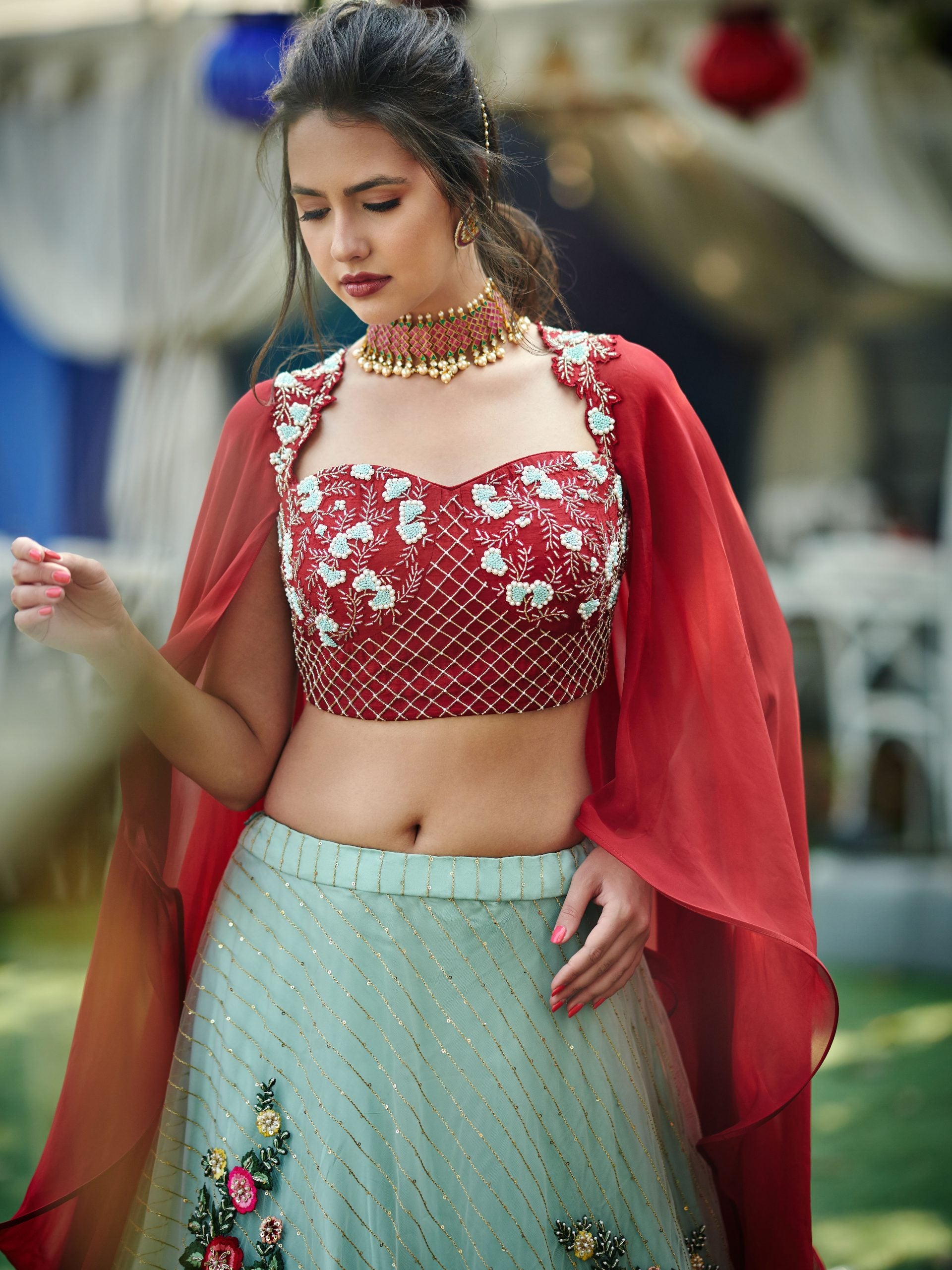 Scarlet Red and Green Lehenga image 2