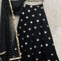 Black Satin Off-Shoulder Blouse with Black Gold Skirt image 0