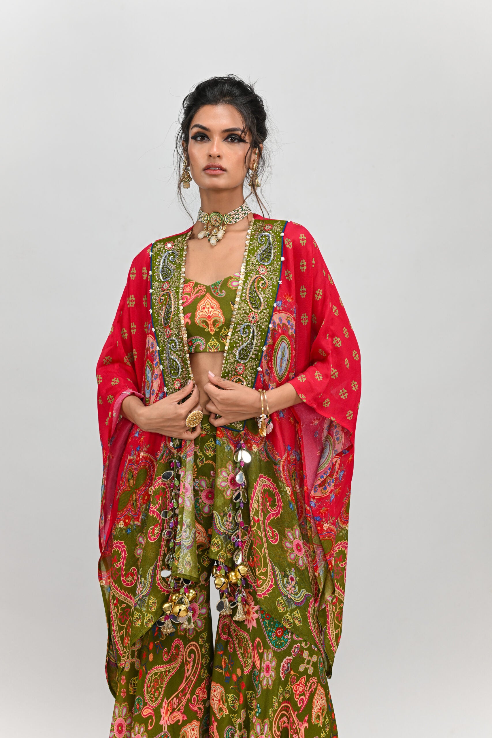 Olive Highlighted Sharara Bralette Paired With Dual Print Toga image 0