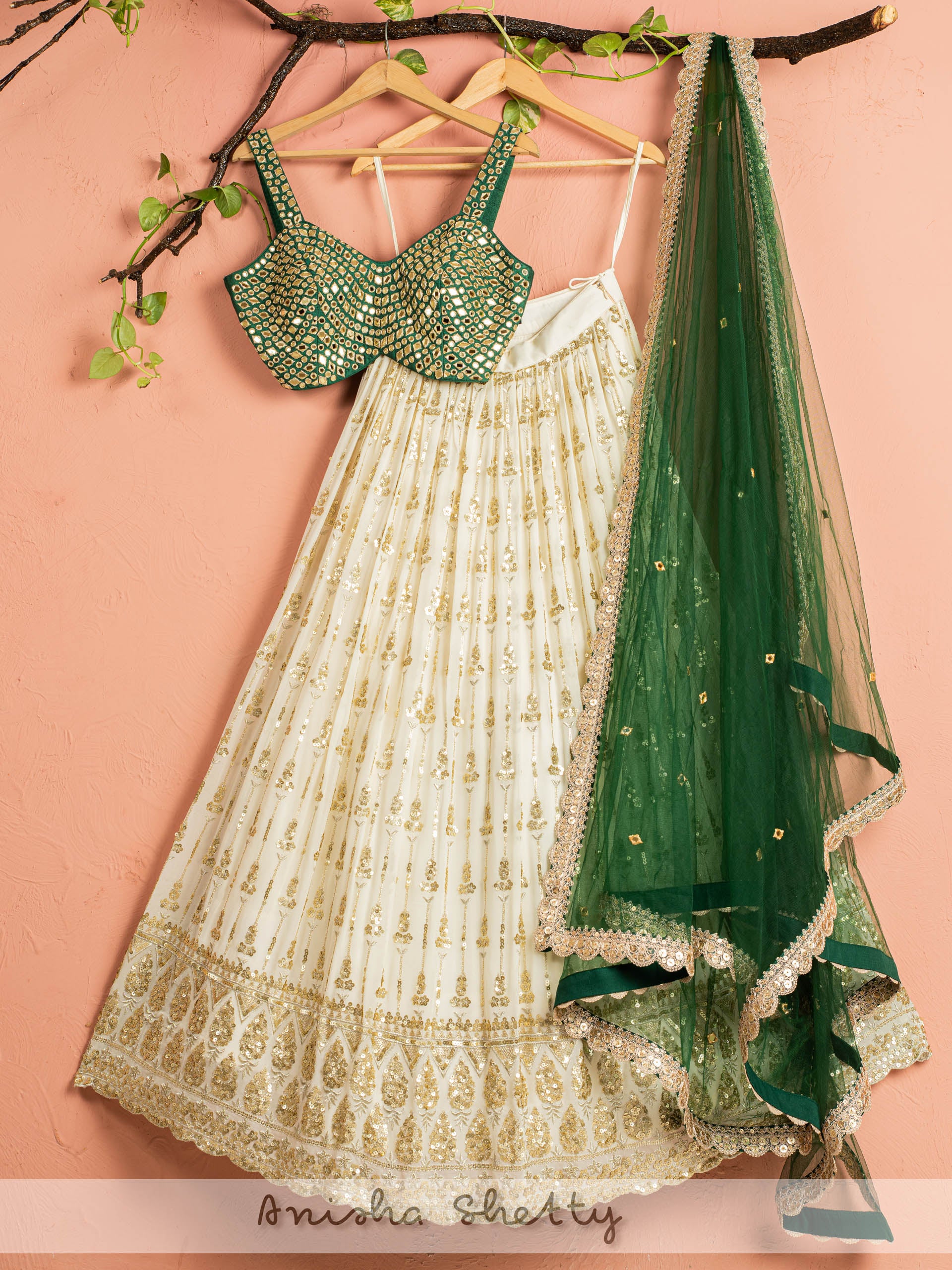 Ivory and Green Mirror Lehenga Set image 0
