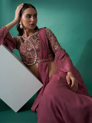 Mauve Pre Draped Sequin Saree Set image 3
