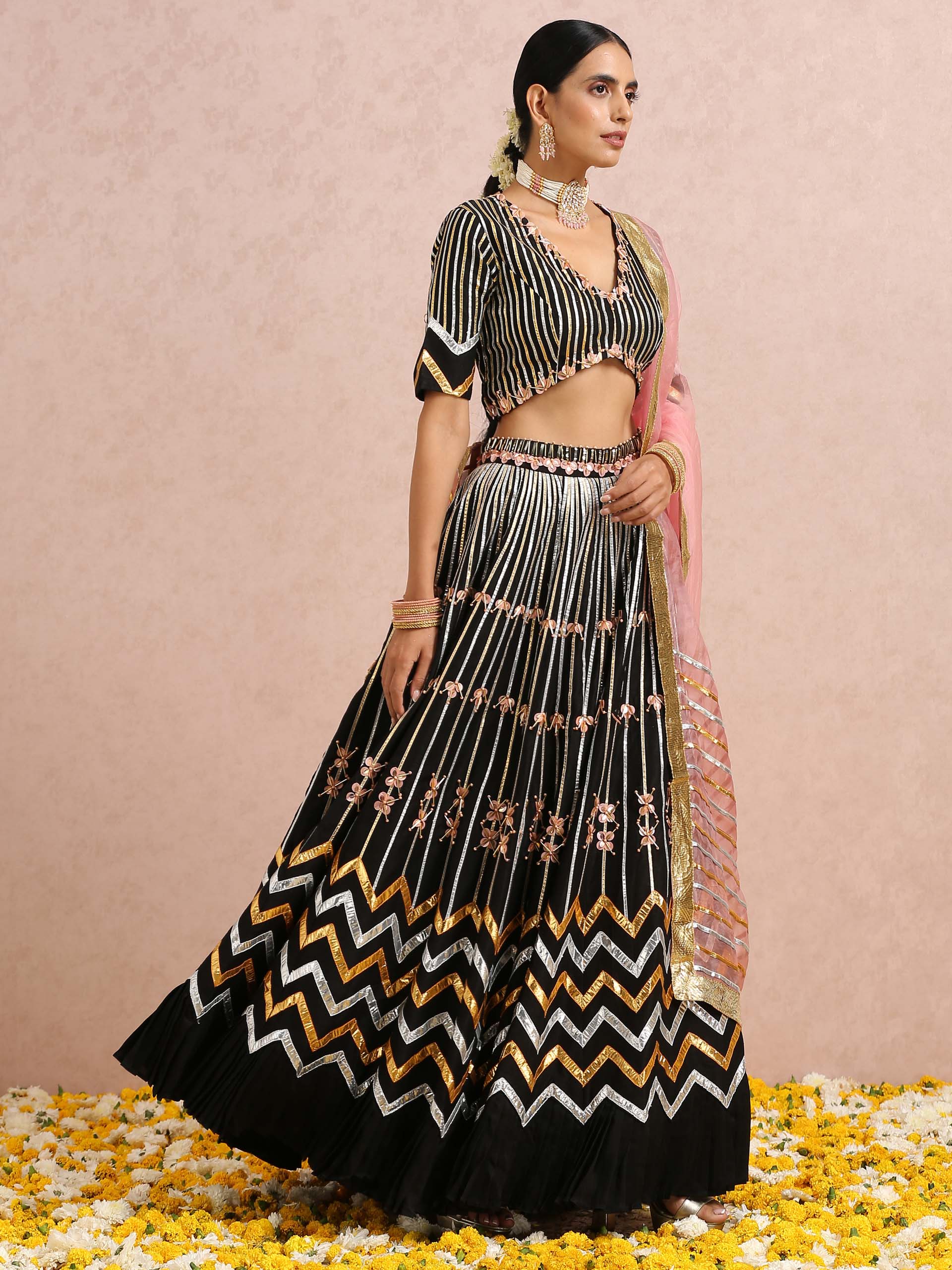 Black Embroidered Stripe Lehenga Set image 6