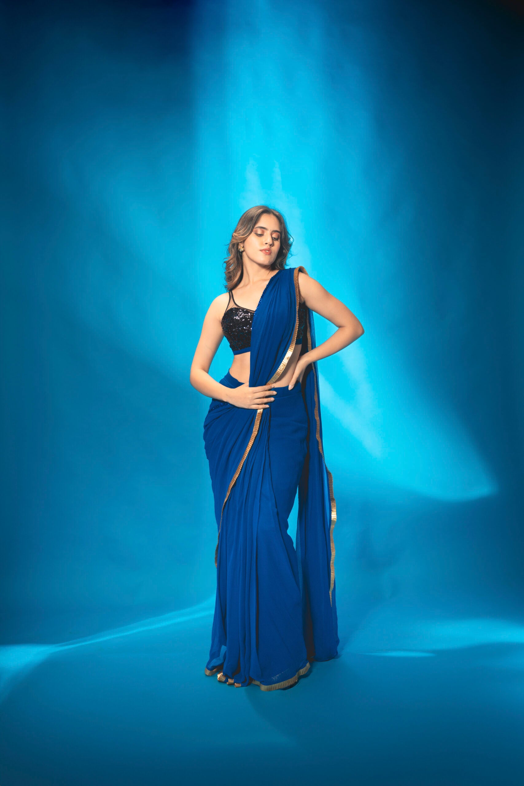 Blue Pre Stitched Saree With Black Sequin Blouse image 6