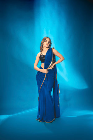 Blue Pre Stitched Saree With Black Sequin Blouse image 6