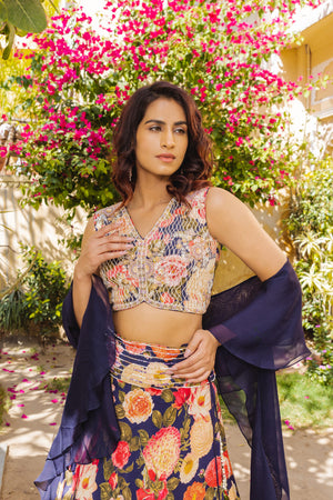 Purple Georgette Floral Lehenga Set image 2