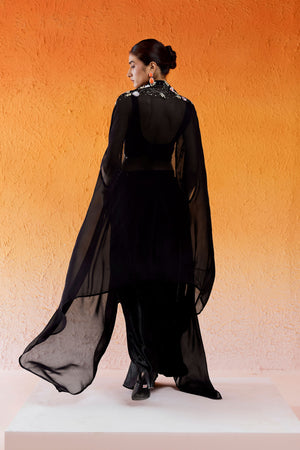 Black Embroidered Drape Skirt Set with Cape image 6