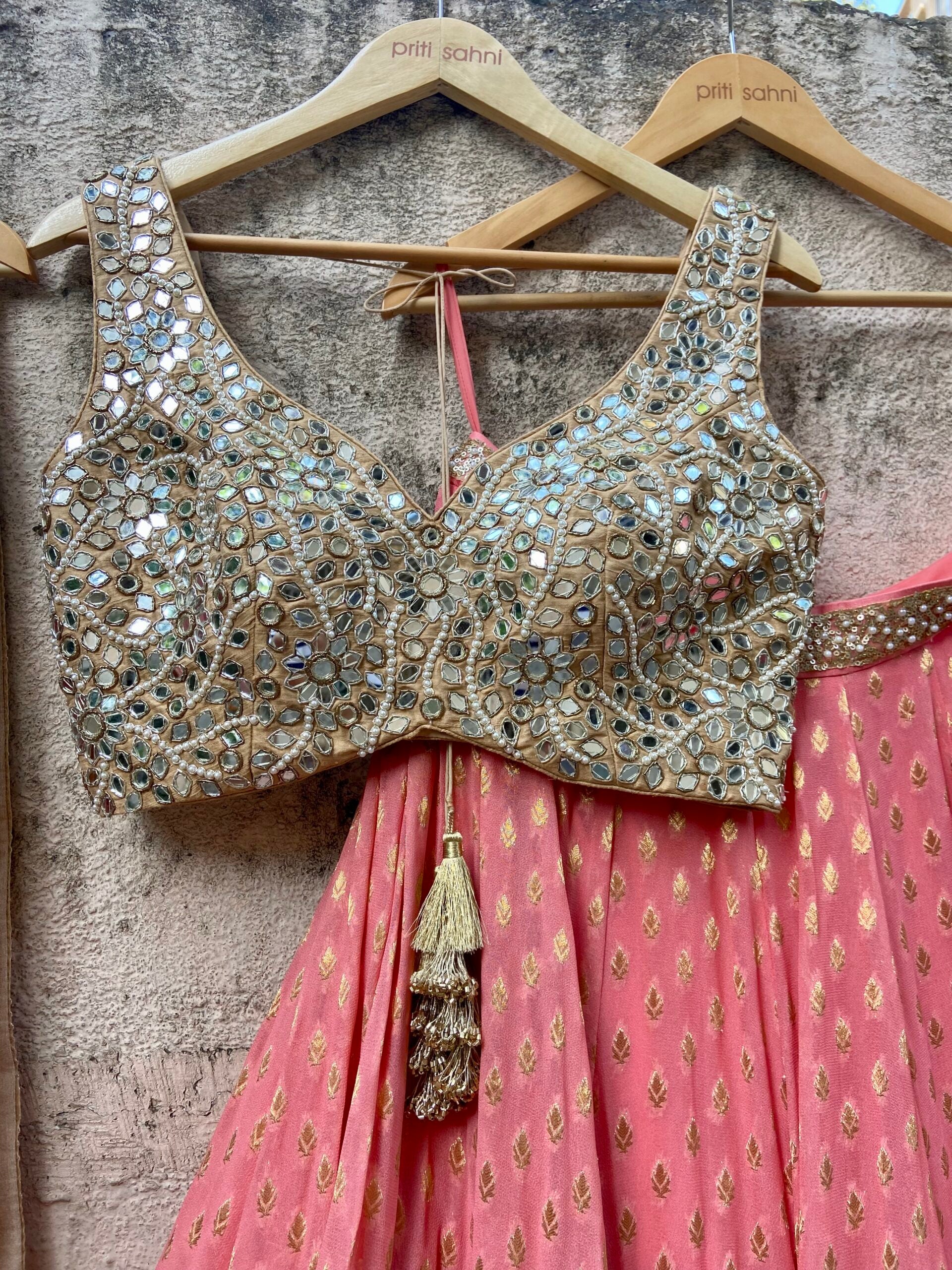 Coral and Beige Mirror Work Lehenga Set image 0