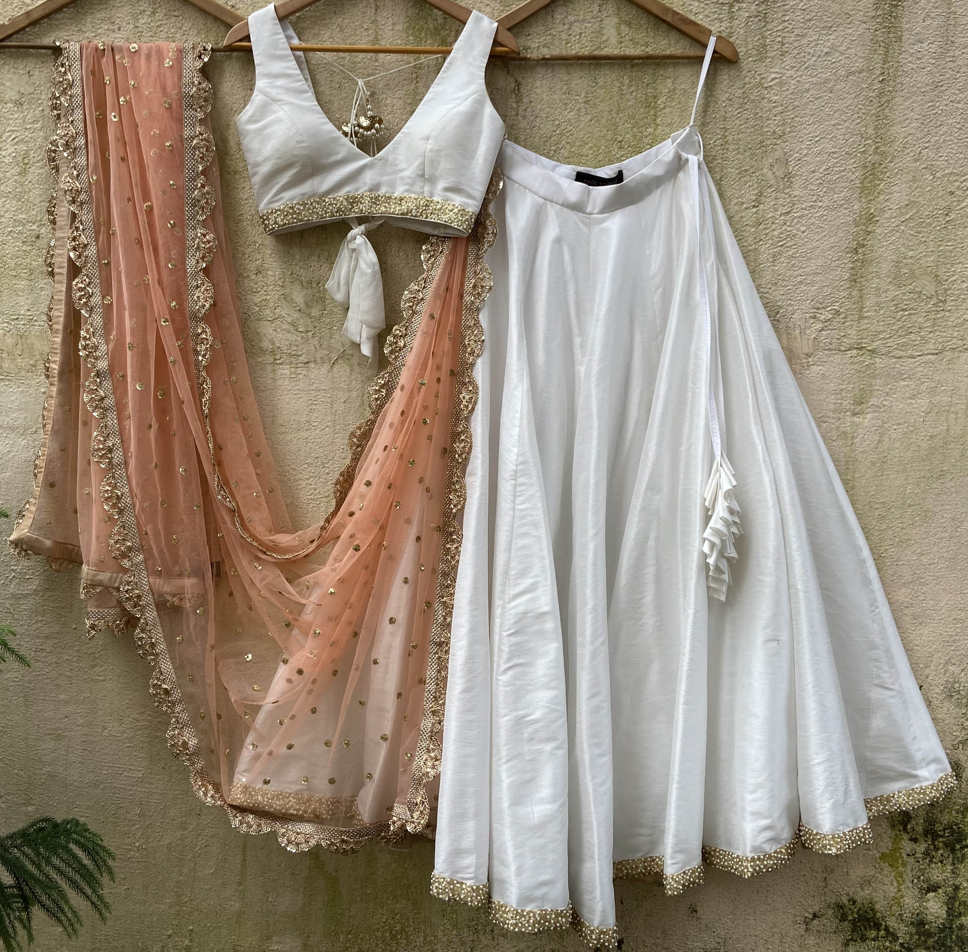 Ivory and Peach Sequin Lehenga Set - XL image