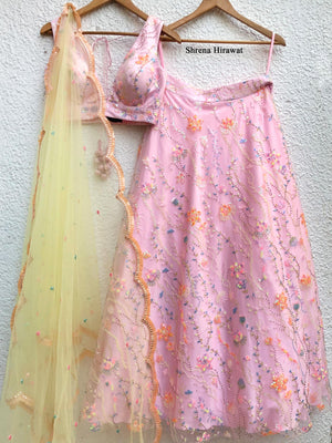 Pink Floral Multi Sequins Co-ord Set With Yellow Dupatta image 1