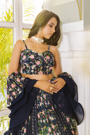 Navy Blue Floral Georgette Crepe Printed Lehenga Set - S image