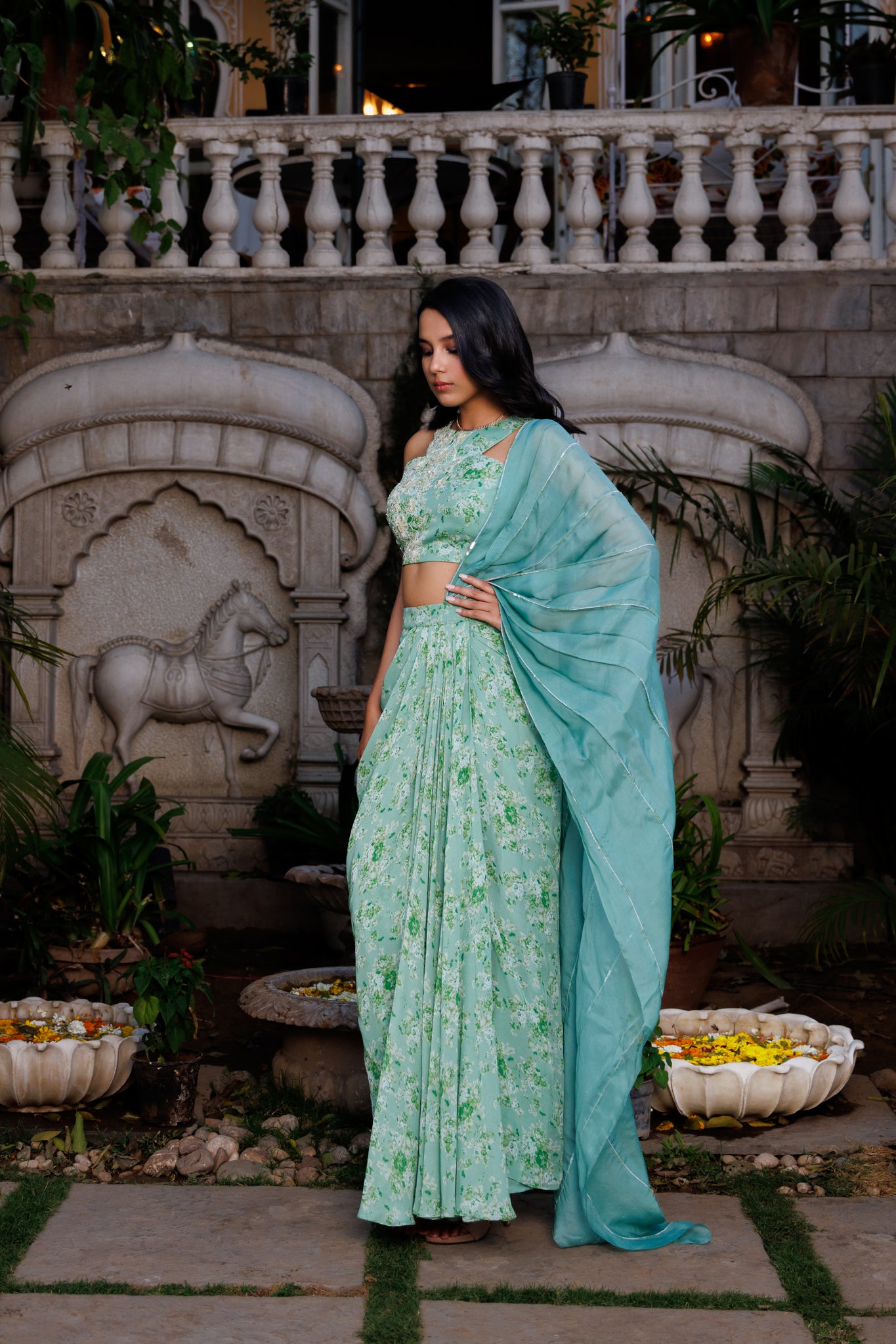 Green Organza Embroidered Draped Skirt Saree Set - XL image