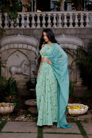 Green Organza Embroidered Draped Skirt Saree Set - XL image