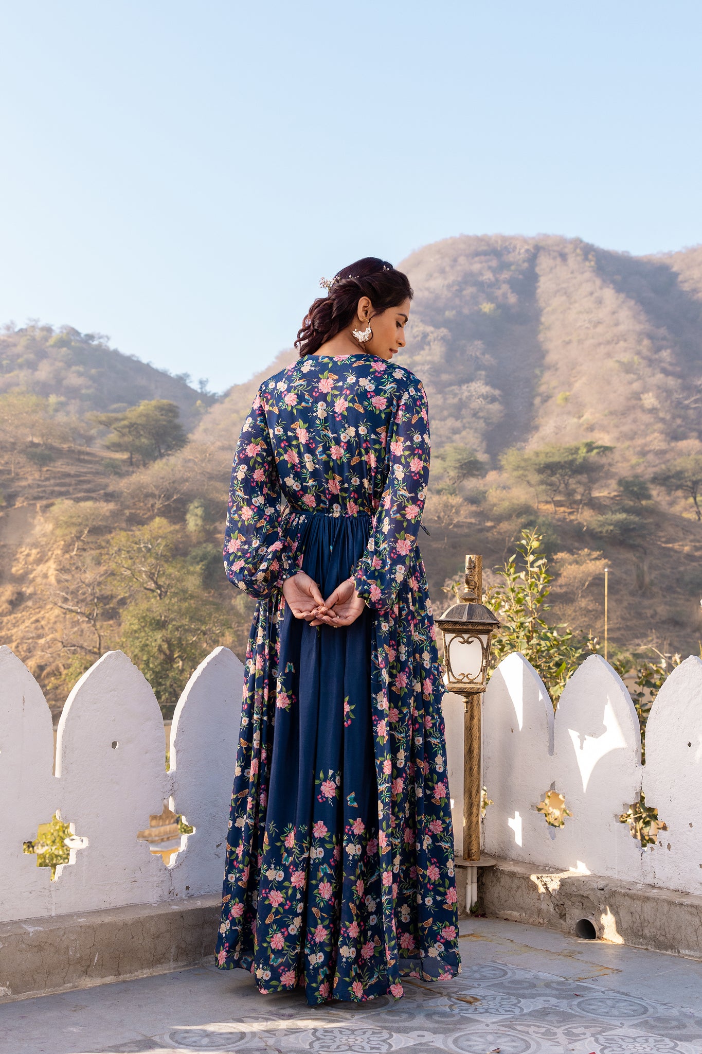 Navy Blue Floral Crepe Georgette Dress image 1