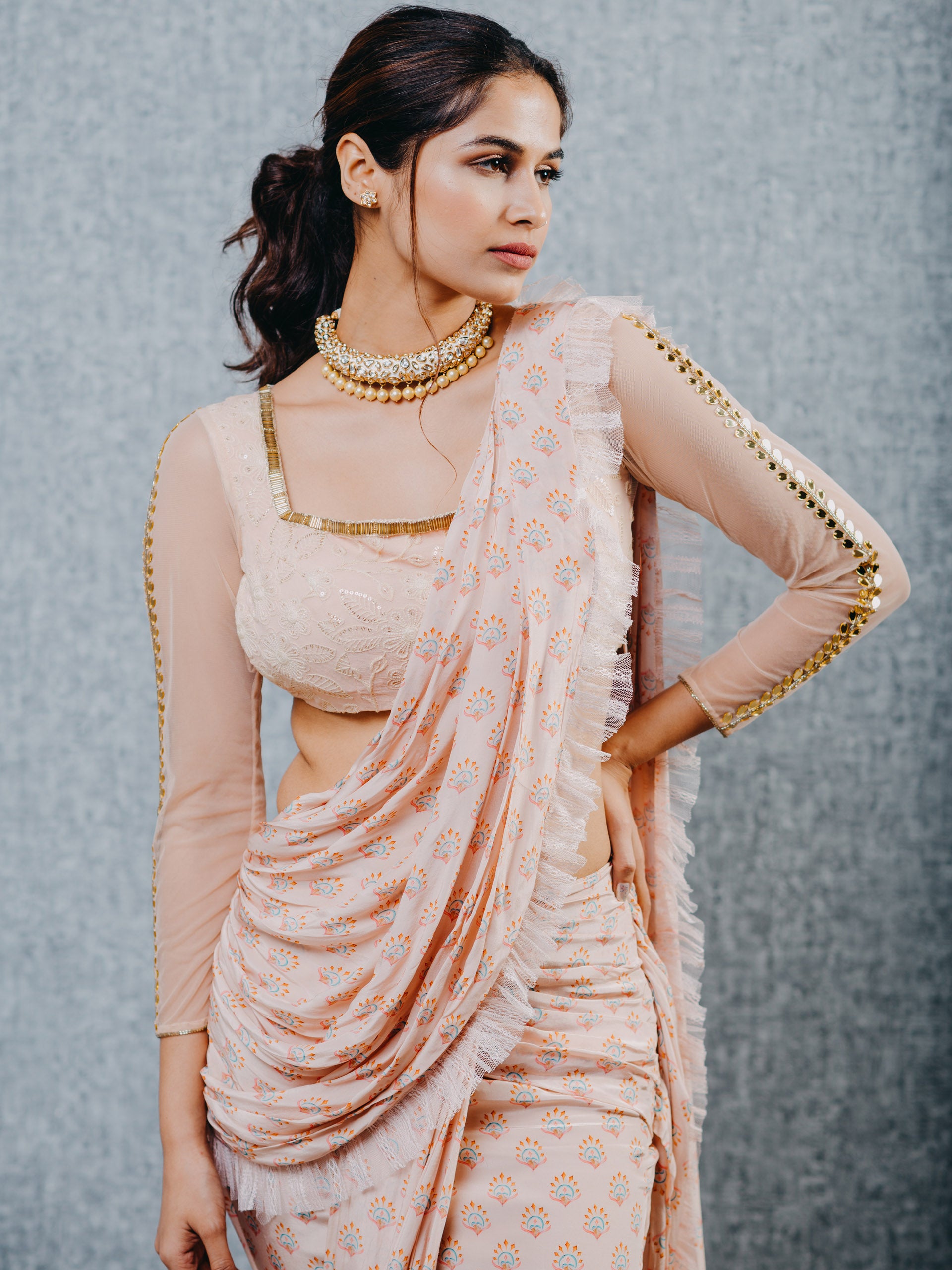Peach Print Saree Set image 1