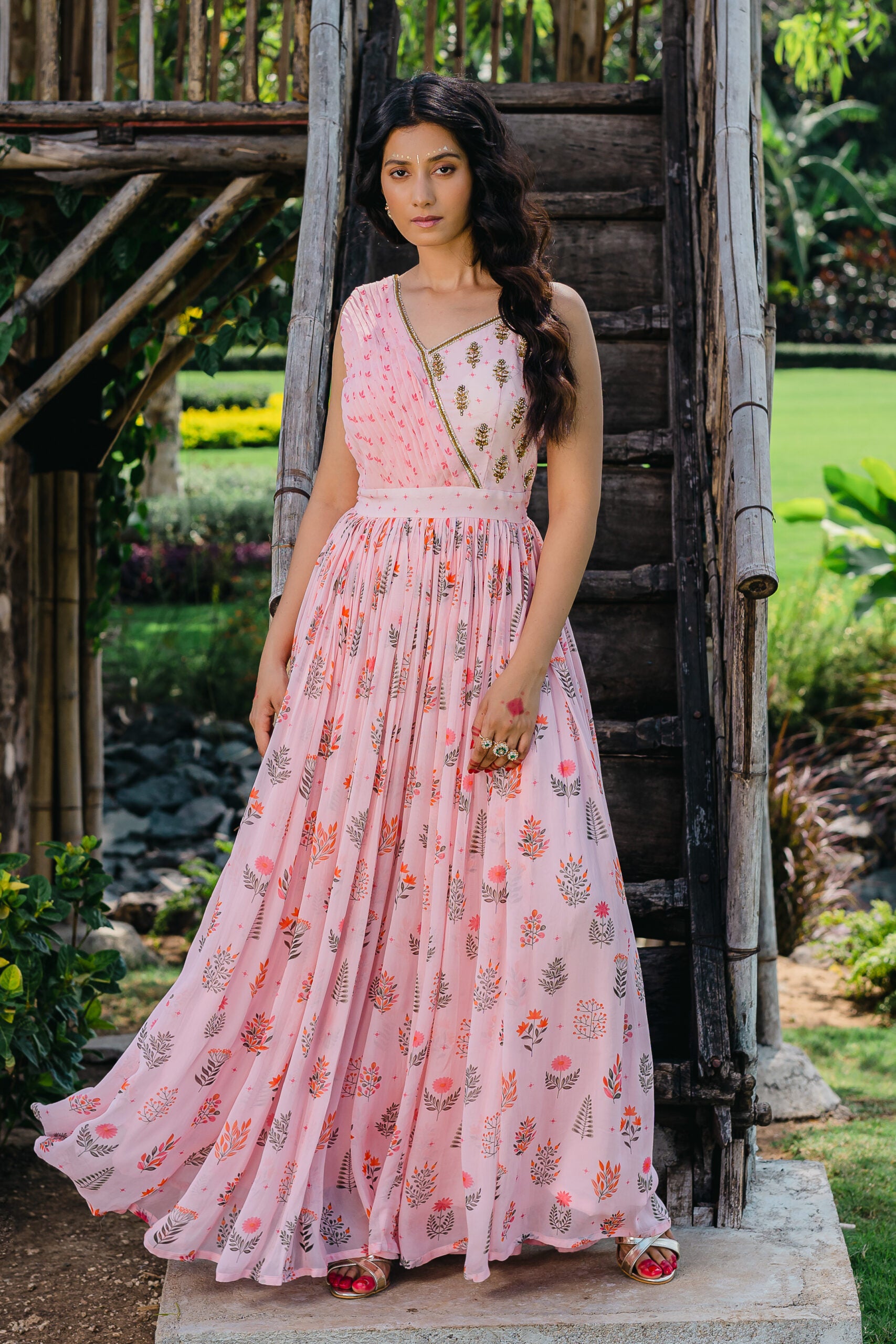 Blush Pink Floral Printed Embroidered Gown - M image
