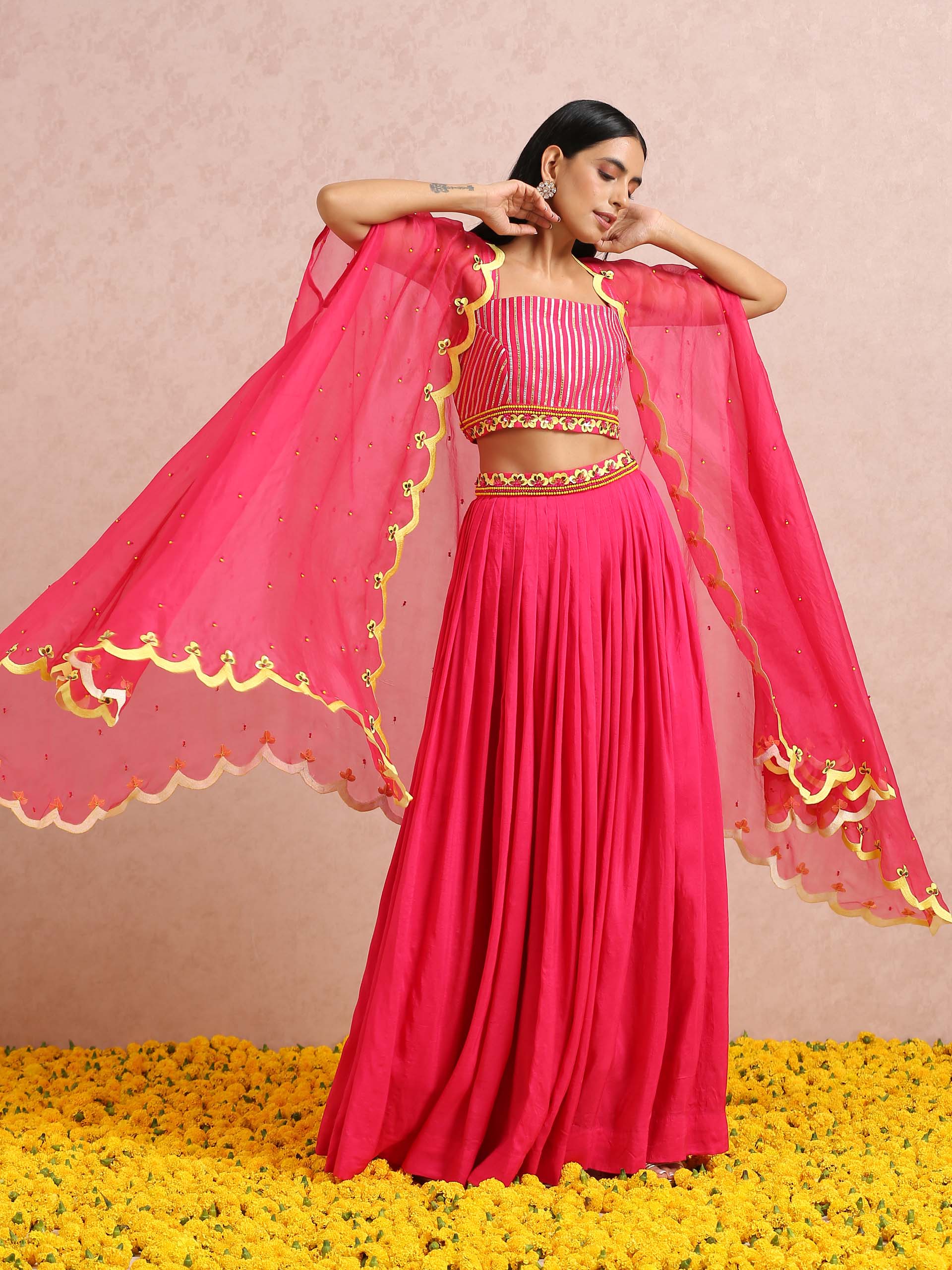 Fuchsia Embroidered Lehenga Set with Cape image 2
