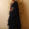Prussian Blue Organza Ruffle Saree Set image 0