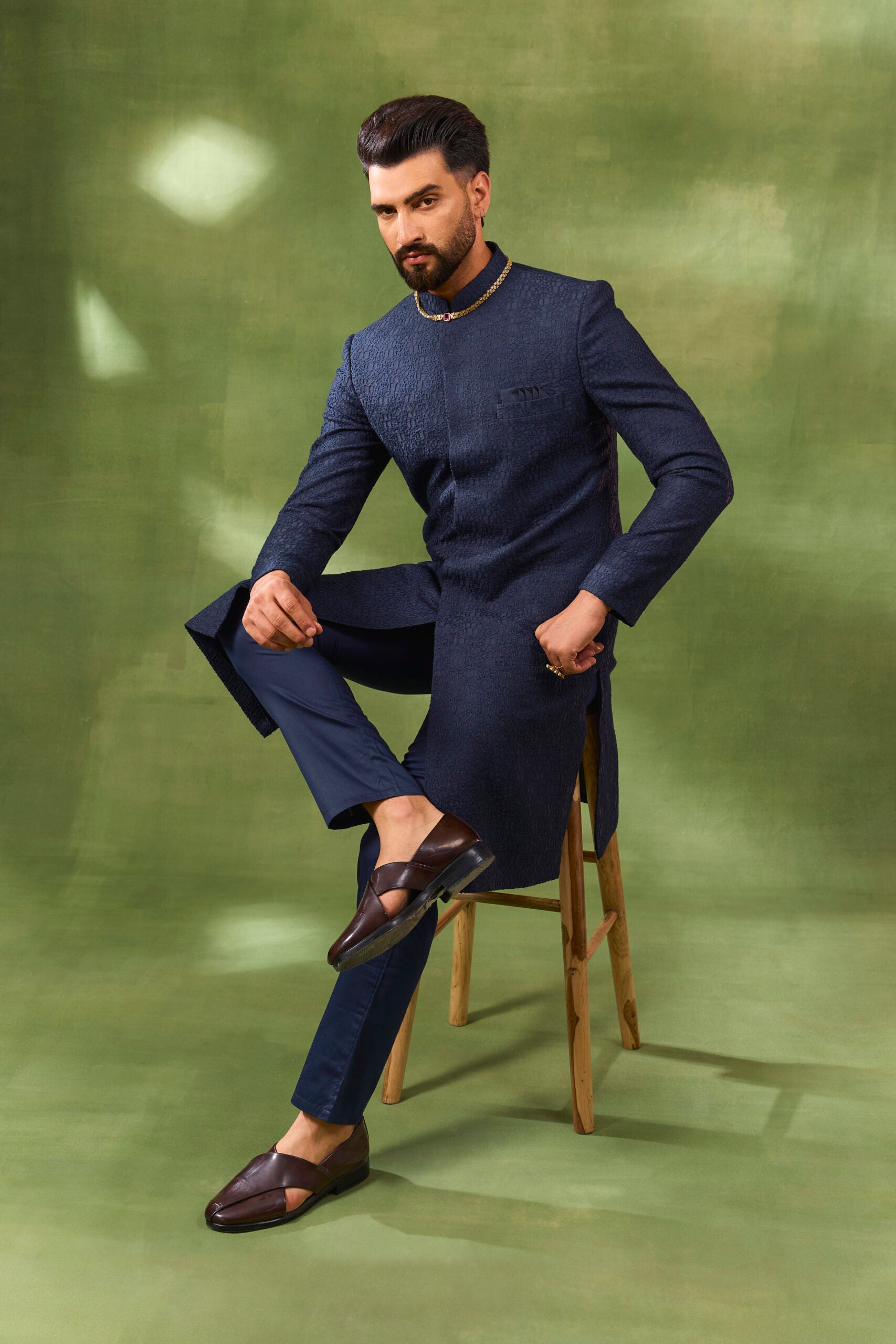 Navy Blended Silk Embroidered Sherwani Set image 0