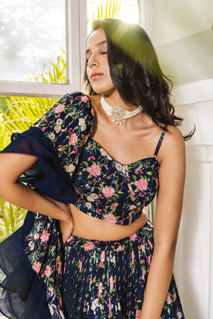 Navy Blue Floral Georgette Crepe Printed Lehenga Set image 3