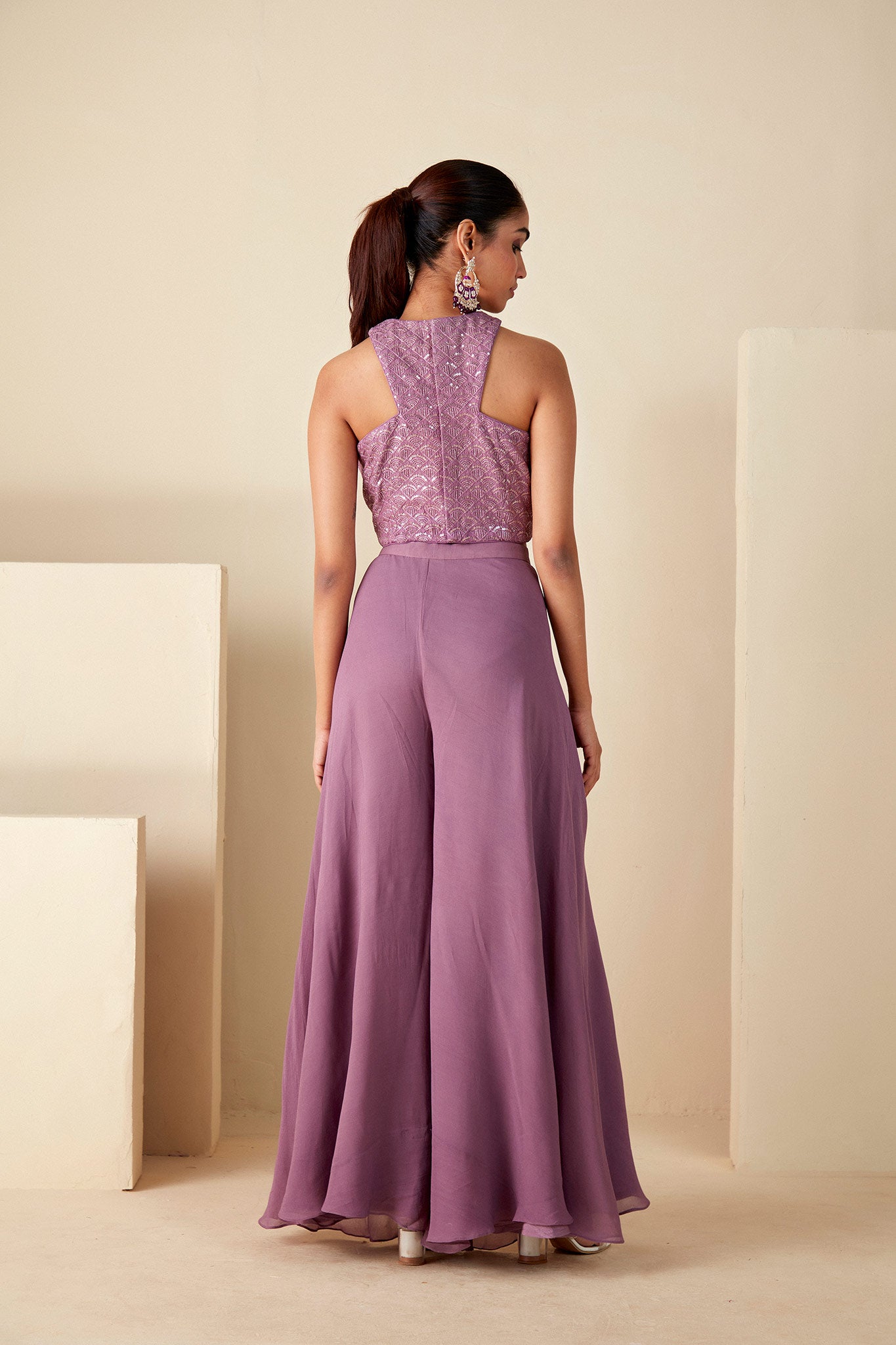 Embroidered Mauve Crop Top and Flared Pants Set image 1