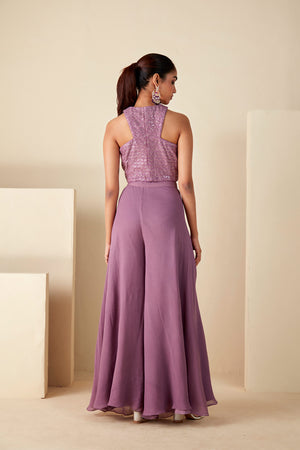 Embroidered Mauve Crop Top and Flared Pants Set image 1